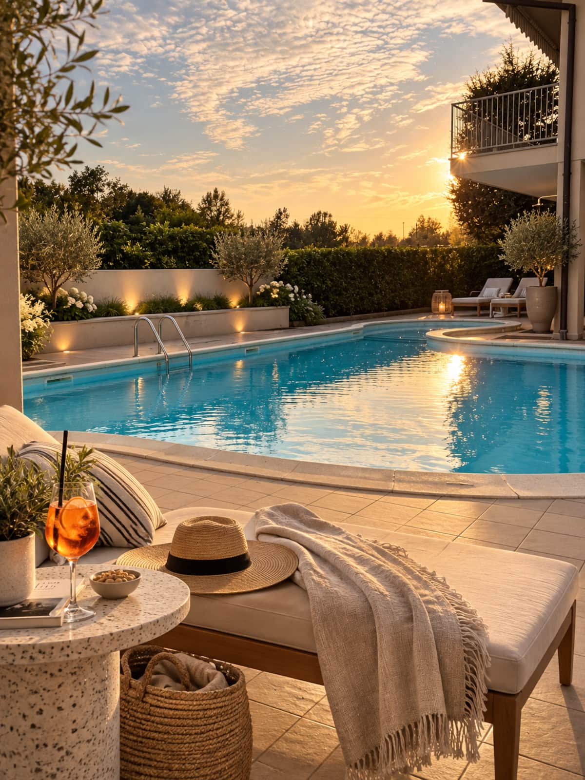 Piscina condominiale al tramonto con zona relax
